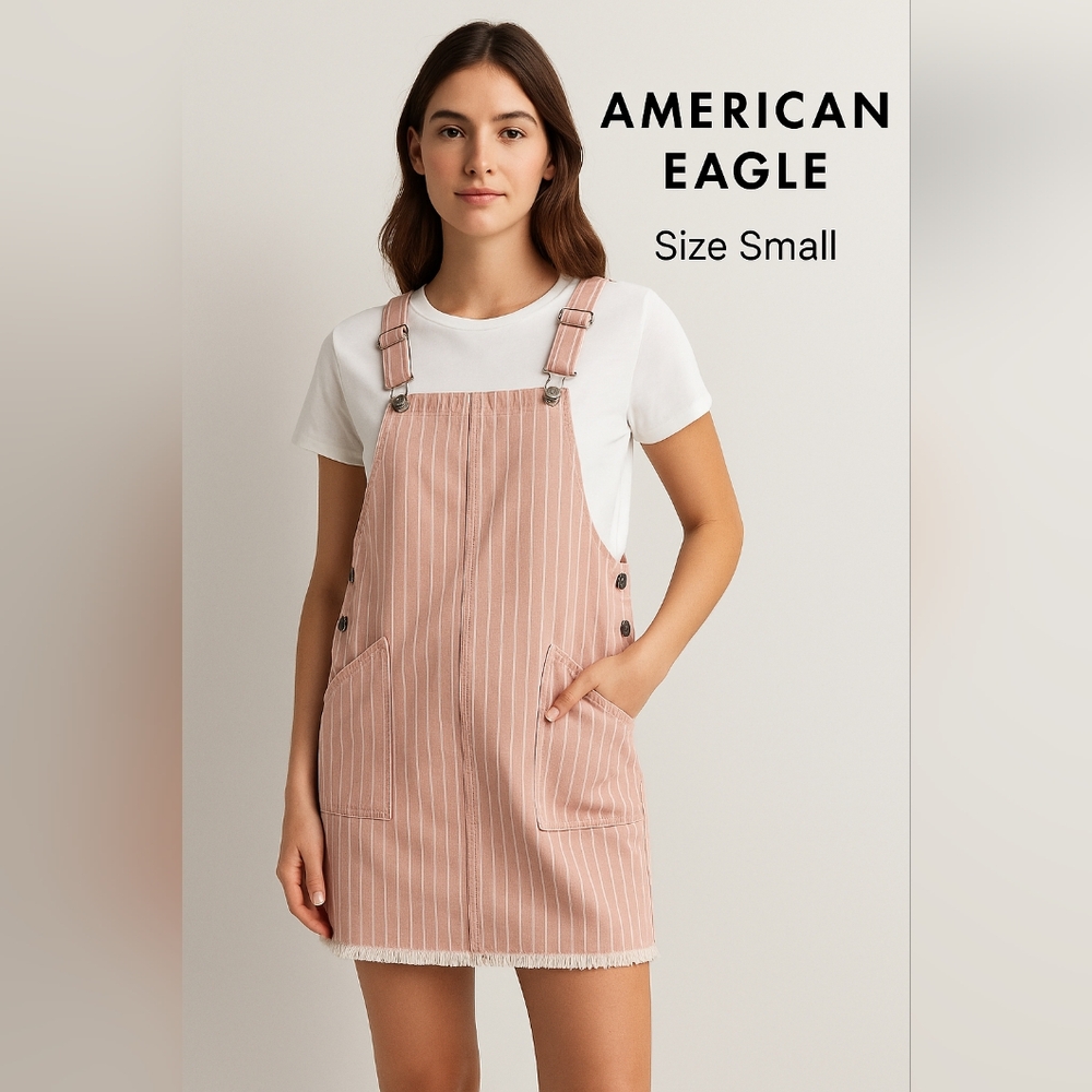 American Eagle Pink & White Pinstripe Overall Dress – Size Small